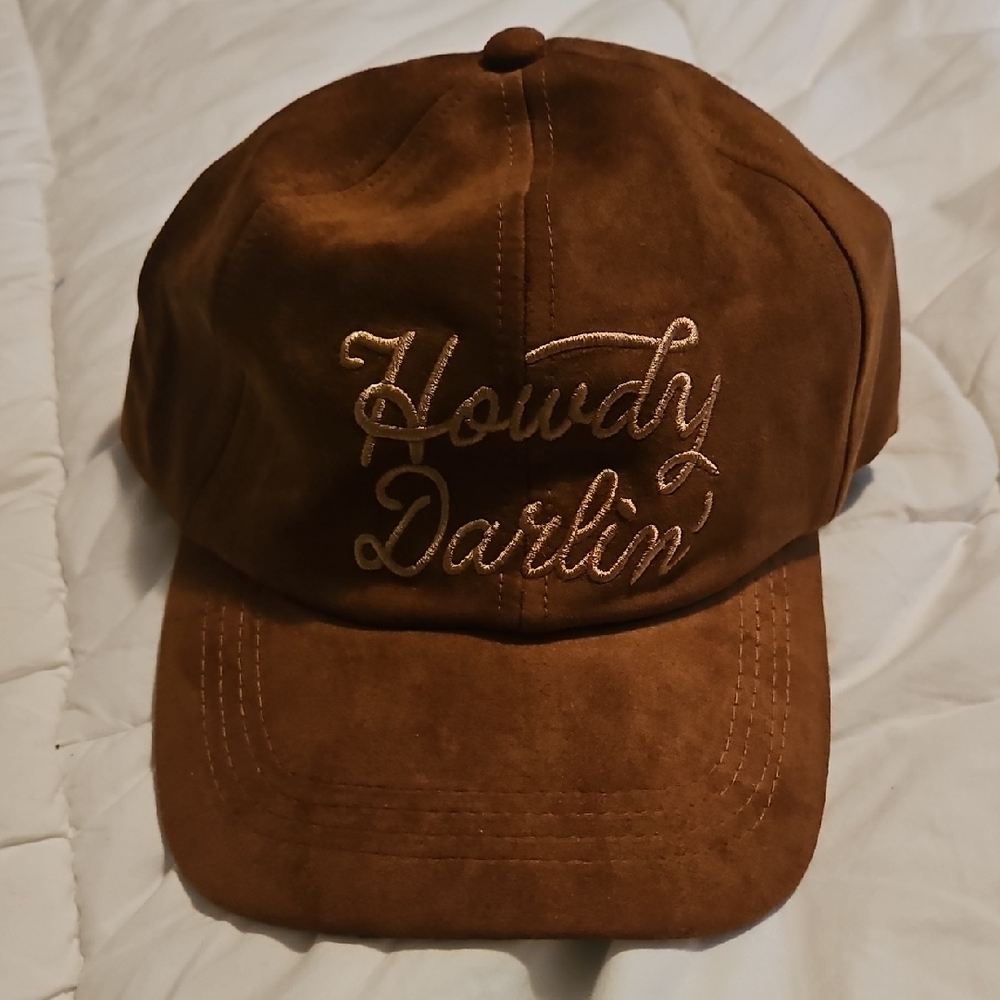 Brown Suede Cap with Embroidered Text